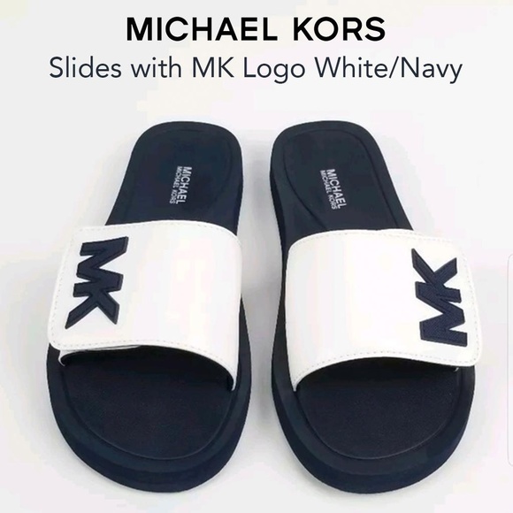 Michael Kors Shoes - Michael Kors Logo White Navy Slide Sandals